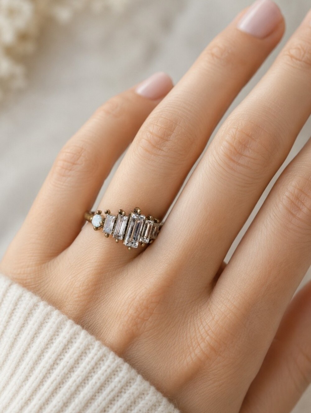 Chloe + Isabel Brass Clear Baguette Rhinetone Opaline Vintage North South Ring 7